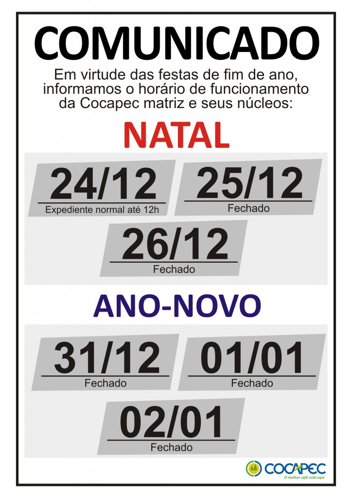 comunicado NATAL E ANO NOVO 2015