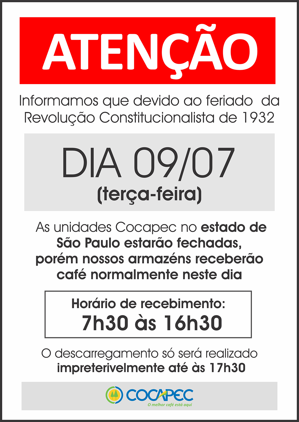 Feriado dia 9: Armazéns paulistas receberão cafés normalmente