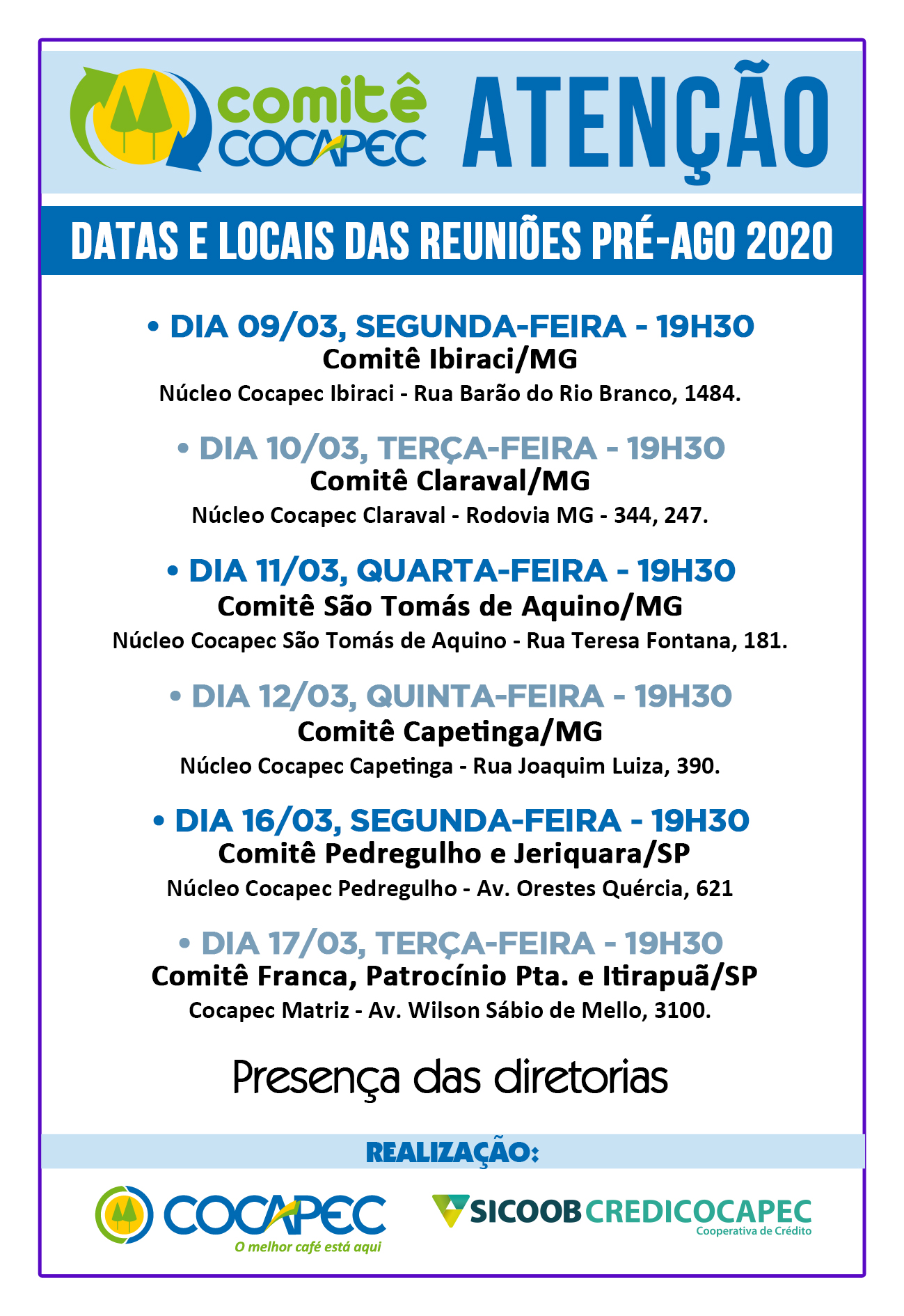 Veja as datas e locais dos Comitês Pré-AGO