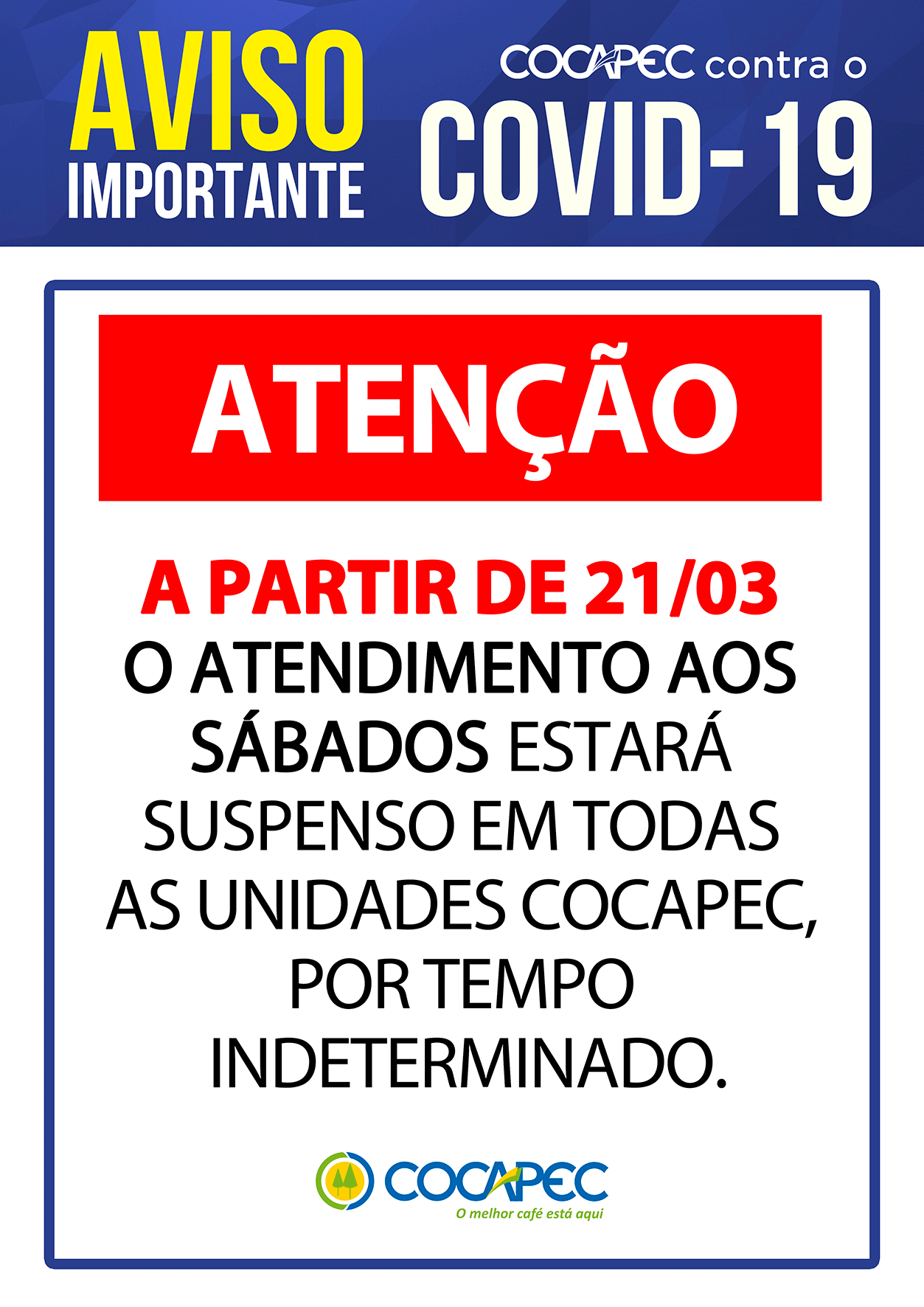 Cocapec não abrirá aos sábados por tempo indeterminado