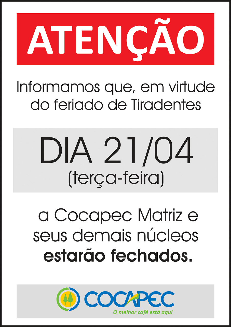 Feriado: Cocapec fechada na próxima 3ª