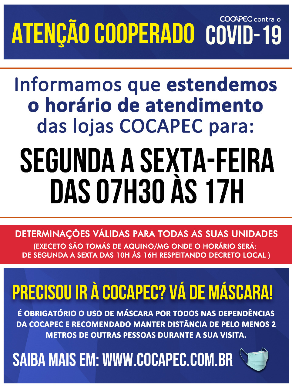Horário de funcionamento da Cocapec está de Seg-Sex das 7h30 às 17h