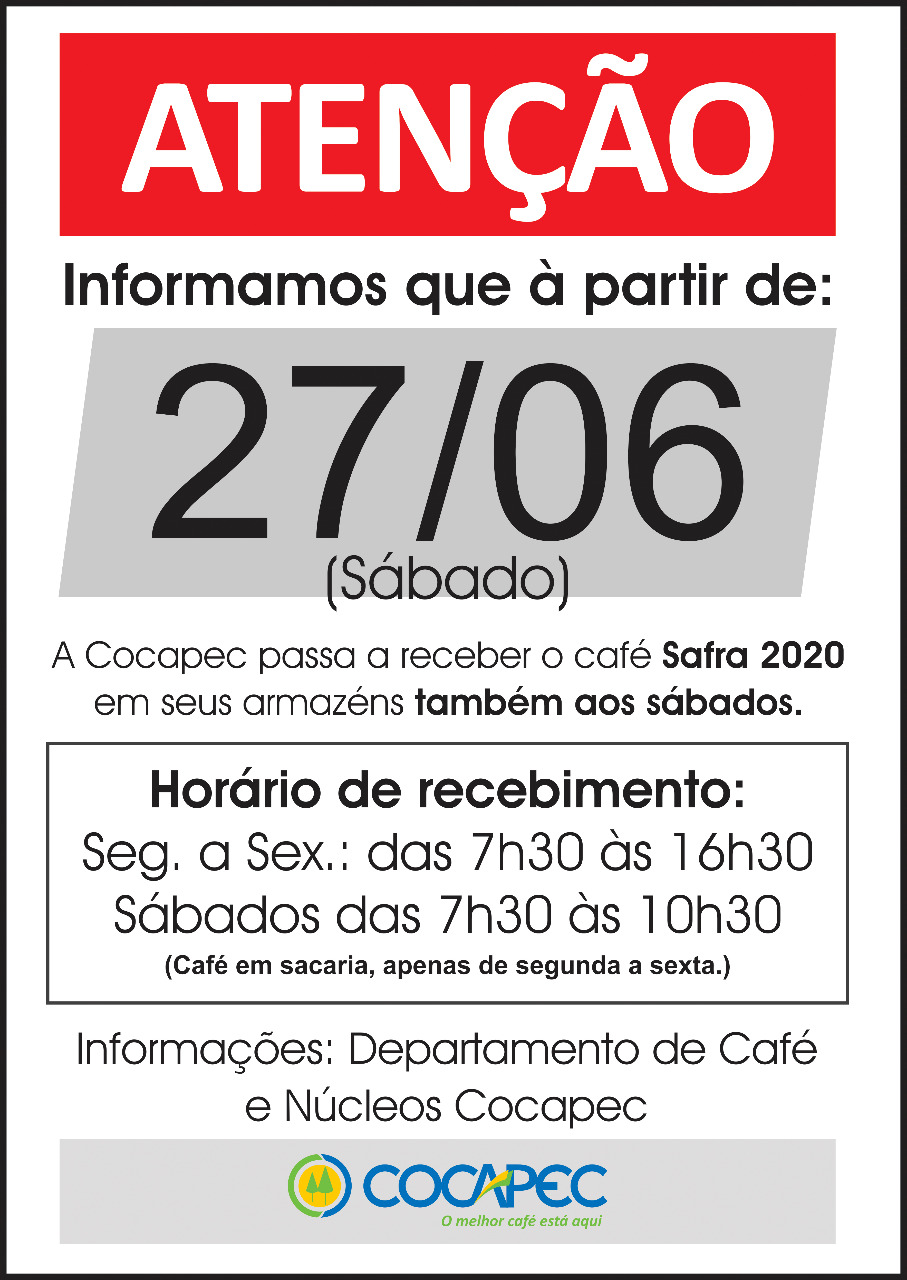 Cocapec abre aos sábados exclusivamente para recebimento de café
