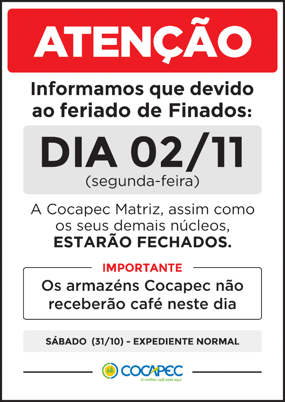 Cocapec estará fechada no Feriado de Finados