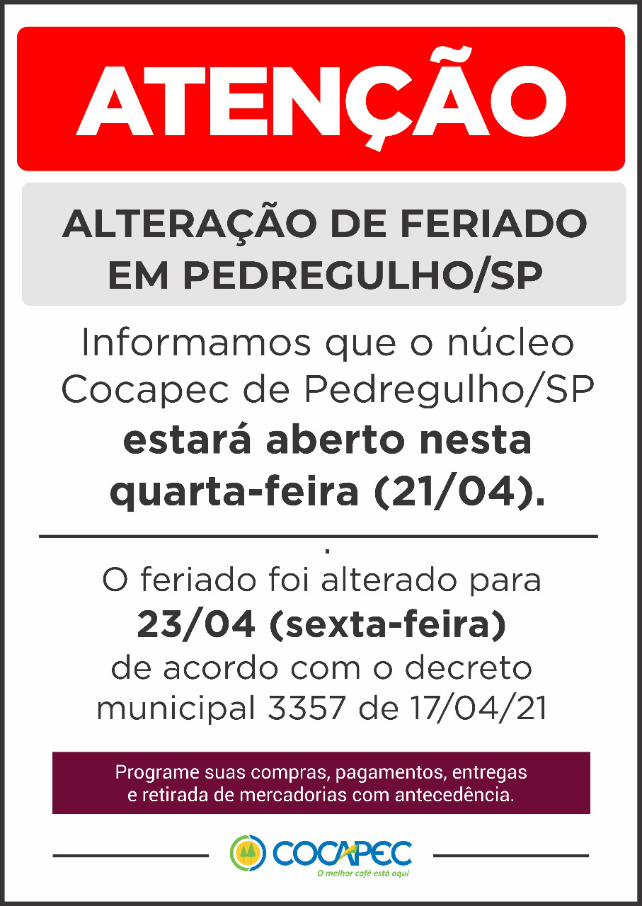 ALTERAÇÃO DE FERIADO EM PEDREGULHO/SP
