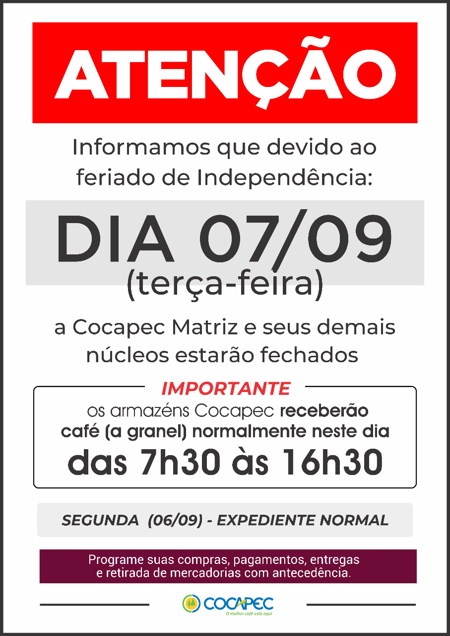ATENÇÃO - FERIADO DE 7 DE SETEMBRO