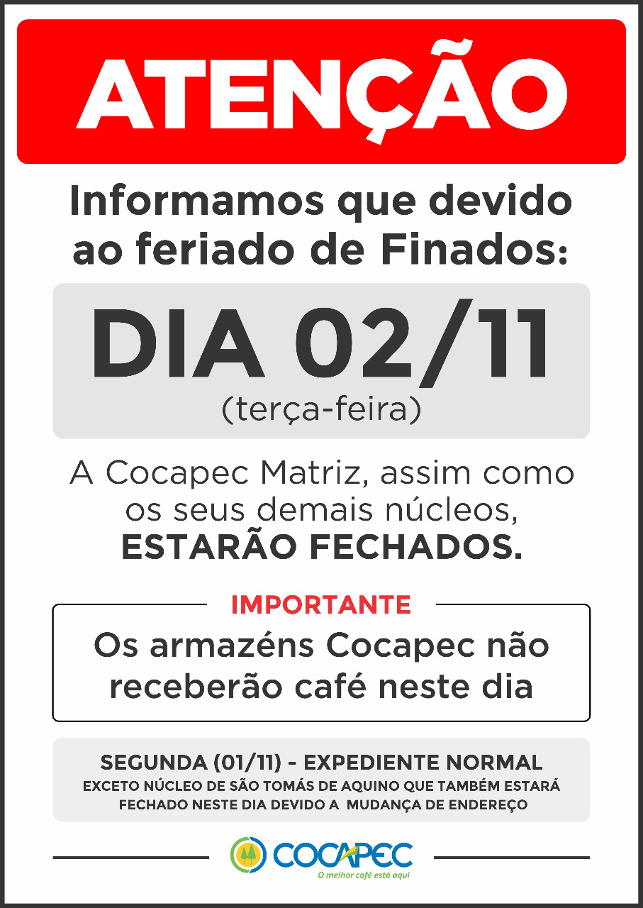 ATENÇÃO: Núcleos Cocapec estarão fechados em 02/11