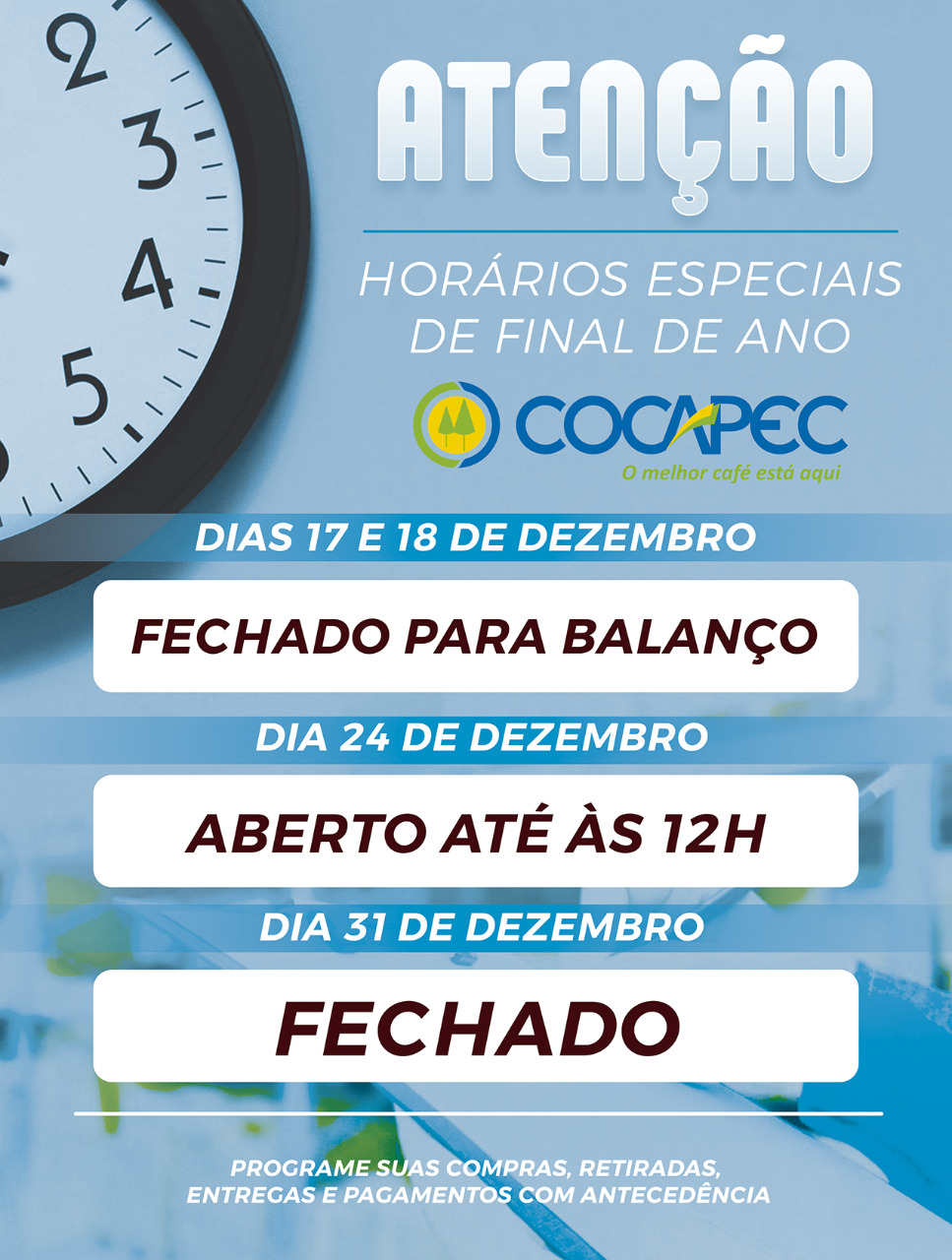 Horários de funcionamento final de ano