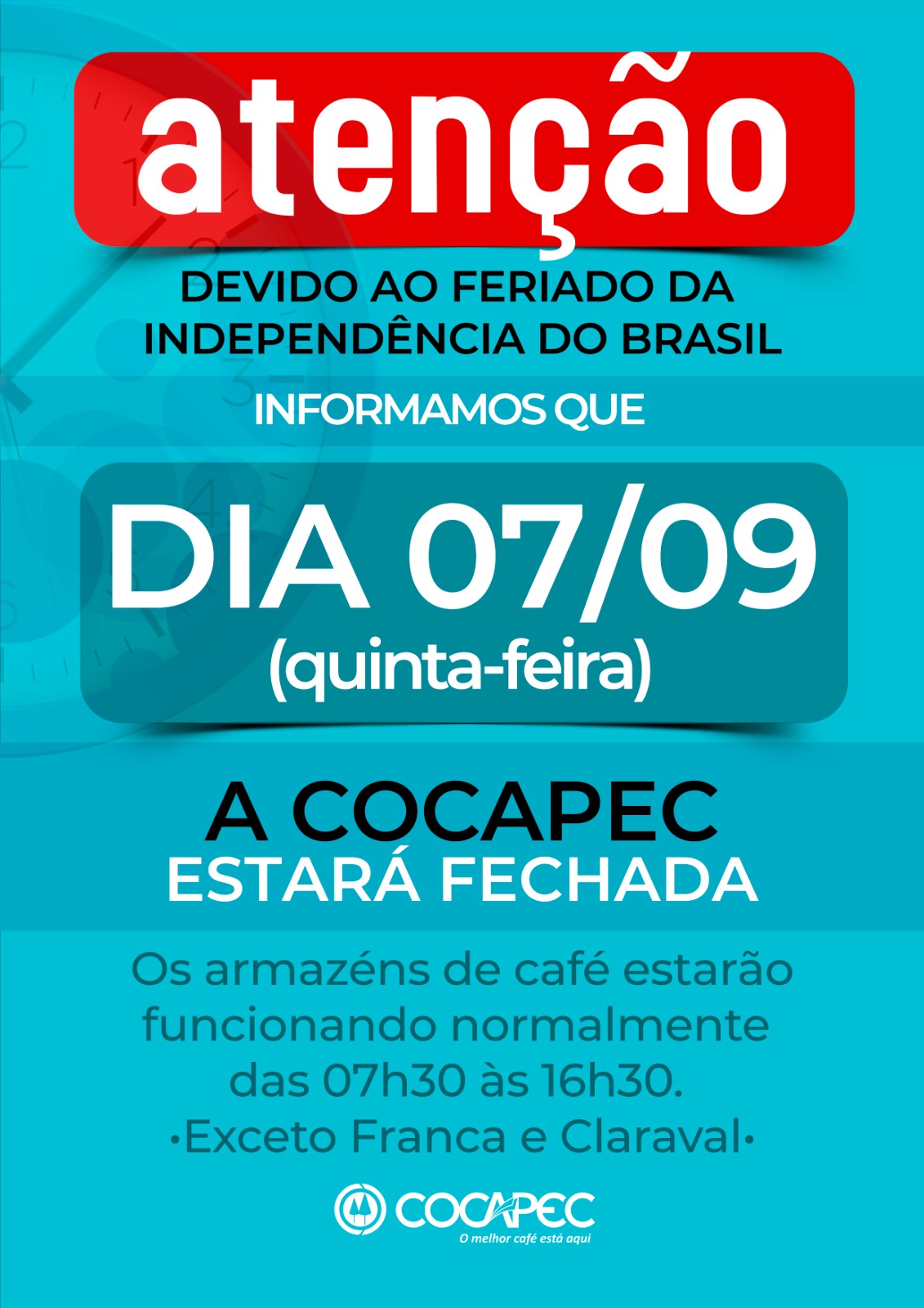 Dia da Independência: Cocapec fechada nesta 5ª